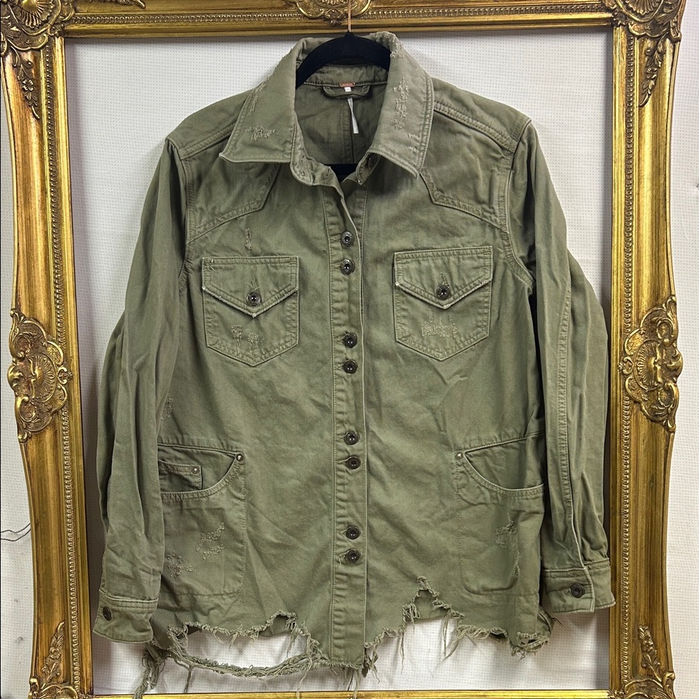Free People Moonchild Distressed Green Denim Utility Jacket XS